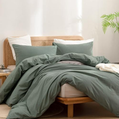 BESTOUCH Cotton Solid Duvet Cover Set Linen Feel Green California King