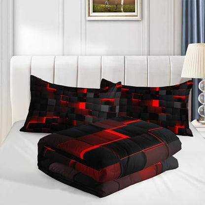 Nttopship Geometric Red Black Comforter Set,Light Honeycomb 3 Piece Bedding Set Twin for Teen Boys,Modern Bedding Quilt Set Geometry Decor,Microfiber Lightweight 1 Comforter 2 Pillowcases All Season