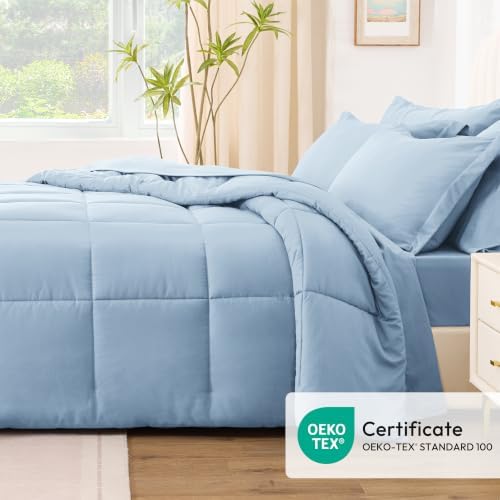 Love's cabin Plaid King Comforter Set, Light Blue