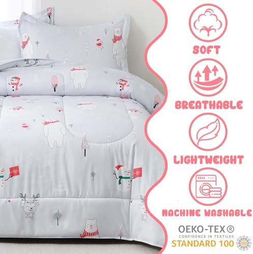 Yibeizi Christmas Comforter Set Twin for Boys Girls, Cute Bear Snowmen Printed Bedding Set with Pillow Sham, Lightweight Soft Breathable Washable Bed Set 2 Piece