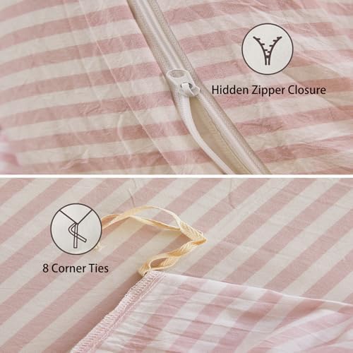 Striped Duvet Cover Set Queen Size 100% Washed Cotton Linen Feel 3 Piece Bedding Set Comfy Breathable (Queen, Classic Stripe-Greyish Pink/White)