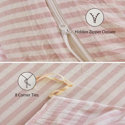 Striped Duvet Cover Set Full Size 100% Washed Cotton Linen Feel 3 Piece Bedding Set Comfy Breathable (Full, Classic Stripe-Greyish Pink/White)