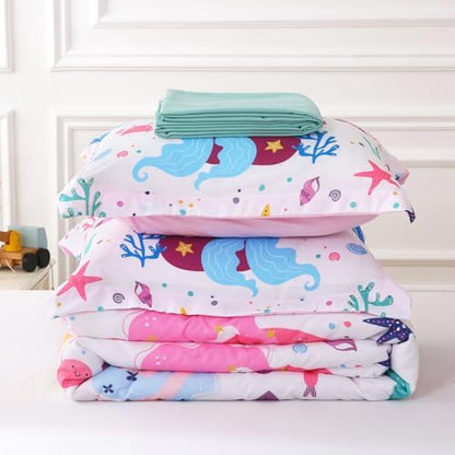 Wajade Kids Mermaids Comforter Set Bed in A Bag Full Size 7 Piece Colorful 3D Cartoon Mermaids Bedding Set for Girls (1 Comforter, 1 Flat Sheet, 1 Fitted Sheet, 2 Pillowcase and 2 Pillow Sham)