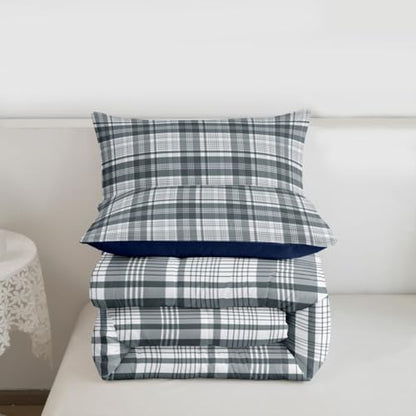Manfei Blue Grey Plaid Comforter Set Full Size,Geometric Line Grid Bedding Set 3pcs,Classic Homestead-Style Down Comforter for All Season,Kids Boys Girls Room Decor,2 Pillowcases,No Sheets