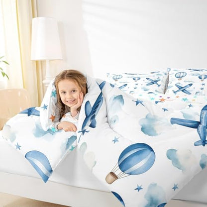 Erosebridal Cartoon Aircraft Queen Comforter Set for Boys, Dreamy Hot Air Balloon Bedding Set, Blue White Clouds Comforter for Kids Teens Girls Adults Bedroom, Airplane Star Print Quilt