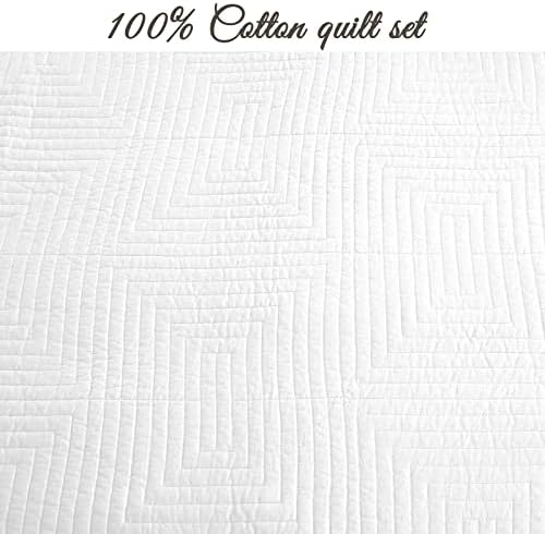 Cozy Line Home Fashions 100% Cotton Square Check Stitch Solid White Quilt Bedding Set, Bedspread Coverlet Lightweight for All Seasons (Maze - White, King - 3 piece)