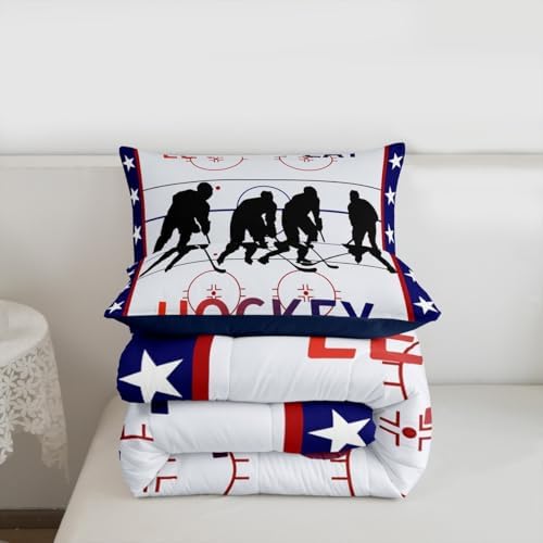 Homewish Ice Hockey Full Size Comforter Set,Hockey Sport Player Bedding Set for Adults Teens,Children Winter Extreme Sport Comforter Luxury Blue and Red Quilt Set Room Decor 3Pcs