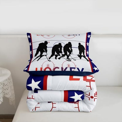 Homewish Ice Hockey Field Comforter Set Queen Size,Winter Sports Bedding Set for Kids Boys Girls Bedroom Decoration,Hockey Sport Player Bed Duvet Insert,Blue and Red Comforter with 2 Pillowcase