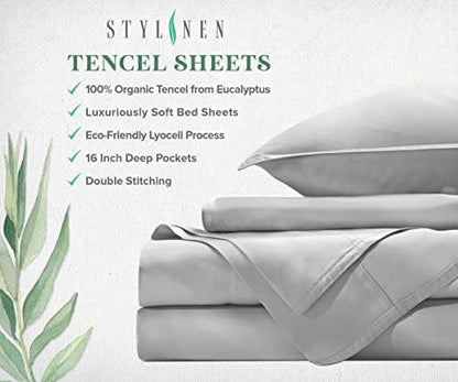 Stylinen 100% Organic Eucalyptus Bed Sheets Queen Size 4 Piece Set, Tencel Lyocell, Silky Soft & Smooth, Breathable, 16 Inch Deep Pockets, 1 Fitted, 1 Flat, 2 Pillowcases (Queen, White)