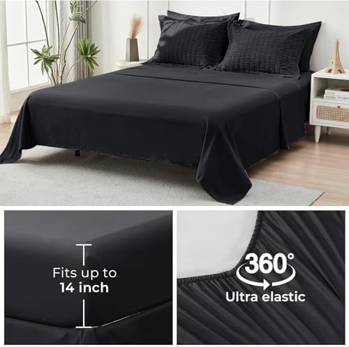 HYMOKEGE Black Oversized King Comforter Set Seersucker 7 Pieces, All Season Luxury Bed in a Bag for Bedroom, Bedding Set with Comforter, Sheets, Pillowcases & Shams