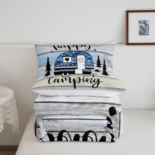 Happy Camping RV Kids Comforter Set Queen Size,Pine Camo Camper Rustic Farmhouse Bedding Set,Girls Boys Room Decor,Wooden Plank Cottage Country Quilt Comforter,Blue Chic Duvet Insert,2 Pillowcases