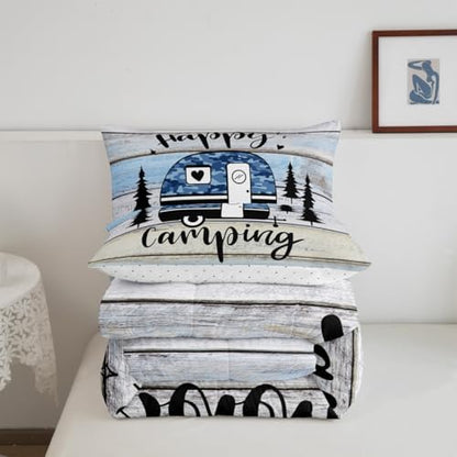 Happy Camping RV Kids Comforter Set Queen Size,Pine Camo Camper Rustic Farmhouse Bedding Set,Girls Boys Room Decor,Wooden Plank Cottage Country Quilt Comforter,Blue Chic Duvet Insert,2 Pillowcases