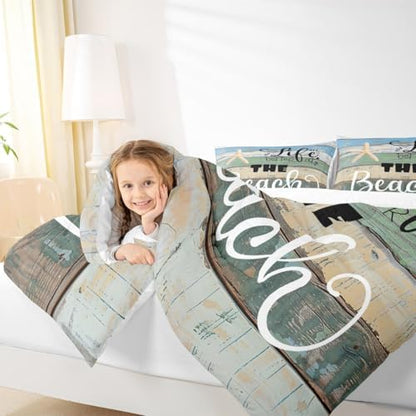 Beach Life Comforter Set Queen Size Blue Green Rustic Farmhouse Bedding Set for Kids Girls Women Bedroom Decor Starfish Cabin Wood Stripes Print Quilted Duvet Beach Camper Duvet Insert 3pcs