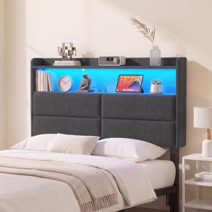 Garvee Twin Size Headboard Only with 2-Tier Storage,Charging Station,Grey