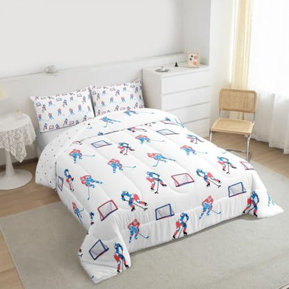 Hockey Players Kids Bedding Set King Size, Comforter Set,Winter Sports Games Quilt Comforter,White Blue Bedroom Duvet Insert,2 Pillowcases