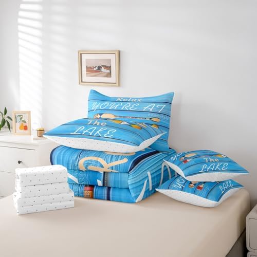 Erosebridal Lake Life Comforter Set Queen Size,Hawaii Boat Paddle Bedding Set for Kids Teens,Rustic Farmhouse (Comforter+Fitted+Flat Sheet+2 Pillowcases+2 Throw Pillow Covers) 7 Pieces Bed Set