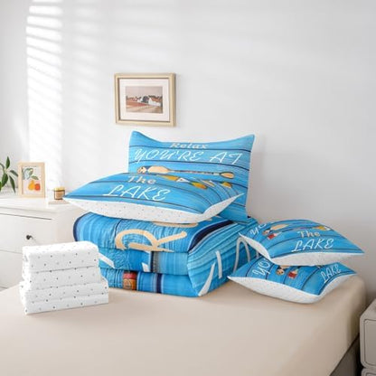 Erosebridal Lake Life Comforter Set Queen Size,Hawaii Boat Paddle Bedding Set for Kids Teens,Rustic Farmhouse (Comforter+Fitted+Flat Sheet+2 Pillowcases+2 Throw Pillow Covers) 7 Pieces Bed Set