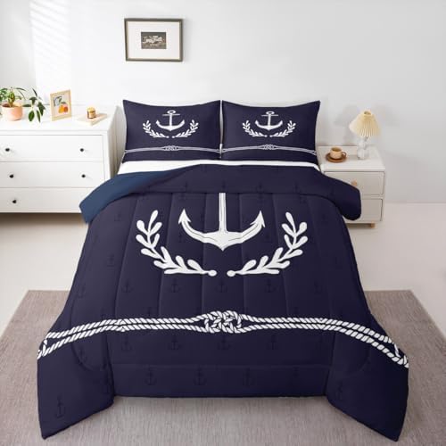 Anchor Bedding Set Queen Size,White Geometric Abstract Rope Palm Leaf Comforter Set 3pcs for Kids Boys Teens Room Decor,Nautical Adventure Quilt Set Navy Blue Duvet Insert,2 Pillowcases