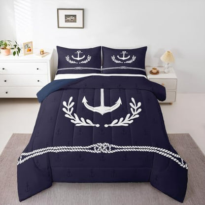 Anchor Bedding Set Queen Size,White Geometric Abstract Rope Palm Leaf Comforter Set 3pcs for Kids Boys Teens Room Decor,Nautical Adventure Quilt Set Navy Blue Duvet Insert,2 Pillowcases