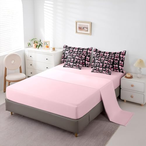 Pink Cherry Bow Bed in a Bag Queen Comforter Set 7 Piece, Cute Silk Ribbon Bowknot Bedding Sets Princess Bow Tie Comforter and Sheet Set, Dreamy Kawaii Room Decor,Girly Hot Pink and Black Room Decor