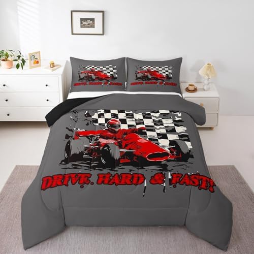 Erosebridal Go Kart for Kids Comforter Set Boys Kart Drifting Duvet Insert Youth Karting Extreme Sport Bedding Set Black and White Buffalo Checked Bedding Red Racing Car Bedroom Decor Queen Size