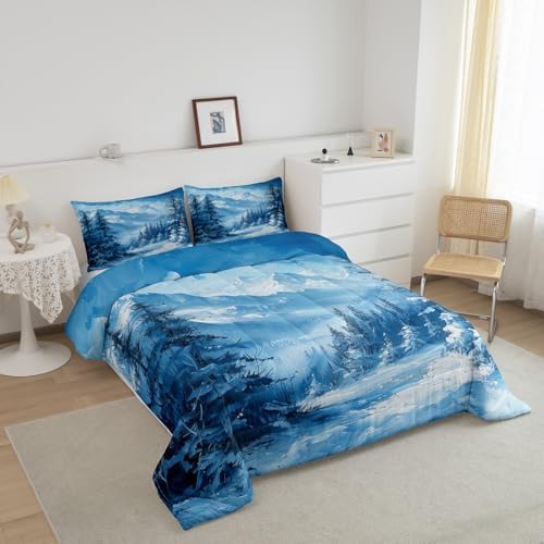 Snow Scenery Woodland Bedding Set Full Size,Pine Tree Winter Theme Comforter Set for Kids Boys Girls Room Decor,Snowmountain Nature Scenery Duvet Insert 3Pcs,Rustic Style Quilt Set,2 Pillowcases