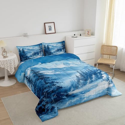 Snow Scenery Woodland Bedding Set Full Size,Pine Tree Winter Theme Comforter Set for Kids Boys Girls Room Decor,Snowmountain Nature Scenery Duvet Insert 3Pcs,Rustic Style Quilt Set,2 Pillowcases