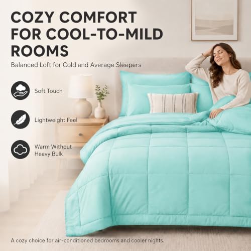 CozyLux Queen Comforter Set Spa Blue - 7 Pieces Bed in a Bag