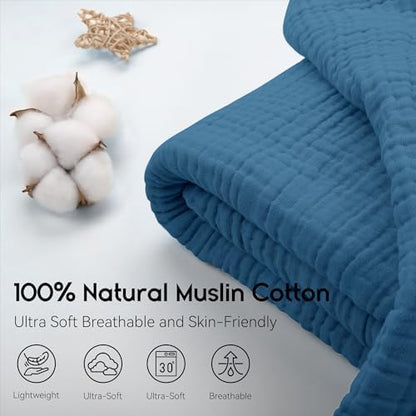 Yoofoss Muslin Blanket 100% Organic Cotton Large Twin Size 60" x 80" for Bed Couch Summer Gauze Blanket for Adults Lightweight and Breathable Dark Blue