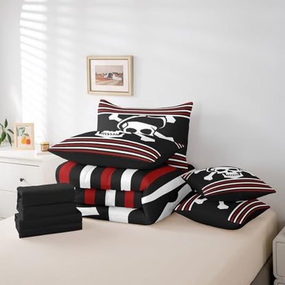 Erosebridal 7Pcs Pirate Comforter Set King Size,Nautical Skull Bedding Set for Kids Boys Teens Youth,Red Black White Stripes Bed in A Bag,Ocean Adventure Theme Sheet Set with Comforter