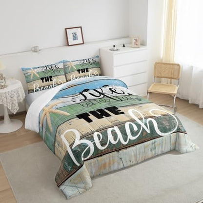 Beach Life Comforter Set Queen Size Blue Green Rustic Farmhouse Bedding Set for Kids Girls Women Bedroom Decor Starfish Cabin Wood Stripes Print Quilted Duvet Beach Camper Duvet Insert 3pcs