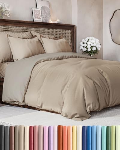 Duvet Cover Queen Size - 3 Piece with Zipper Closure - Heathered Beige