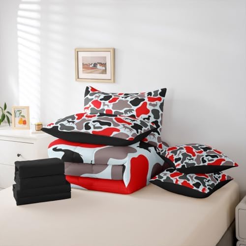 Erosebridal Deer Hound 7 Piece Bedding Set Twin Camo Comforter Set with Sheets Turkey Bear Retro Wolf Pattern Bed in a Bag Red Woods Army Camouflage for Kids Boys Girls