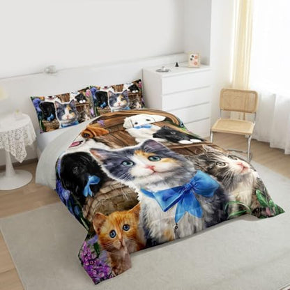 Cat Queen Comforter Set for Boys Girls Kids Kawaii Bedding Cute Animal Pet Kitten Comforter Lovely Kitten Puppy Down Comforter Cartoon Kawaii Dog Animal Design Toddler Bedroom Collection 3Pcs