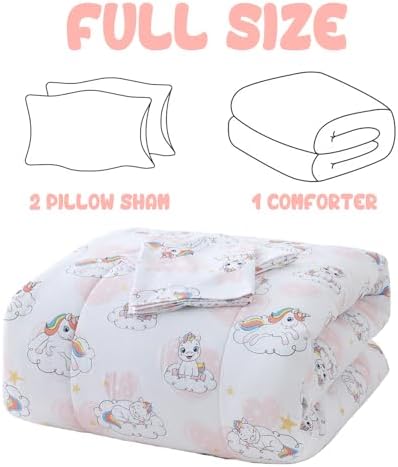 Yibeizi Kids Unicorn Full Bed Comforter Set Pink Heart Bedding