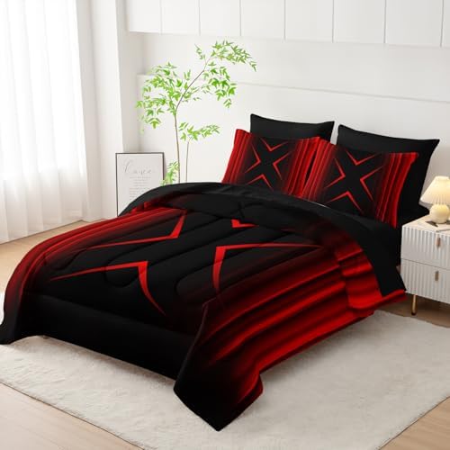 Nttopship Red and Black Geometric Comforter Set Twin Size 7Pieces,3D Abstract Mordern Printed Bedding Set for Adults,Geometric Mordern Decor All Seasons with Pillowcases,Flat, Fitted Sheet