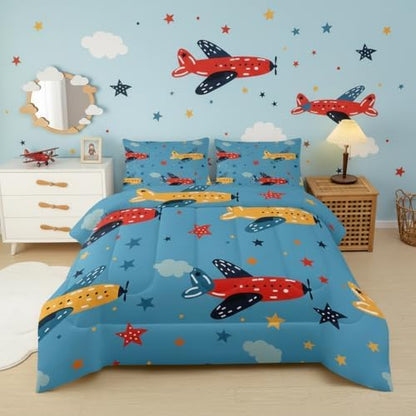 Kids Aeroplane Comforte Set Twin，Blue Airplane Bedding for Boys，Cute Star Quilt Pattern，Cute Bedroom Decor for Kids，1 Comforter 2 Pillow Cases