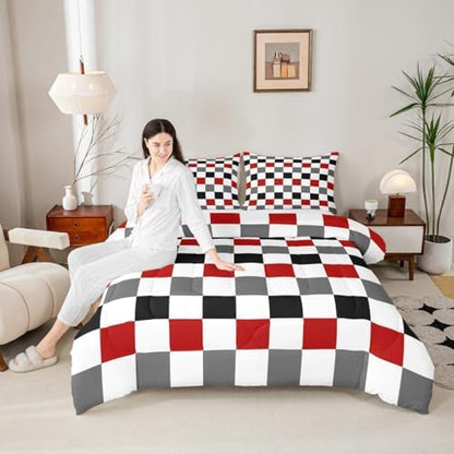 Checkered Geometric Comforter Set Twin Size Red Grey Black Plaid Bedding Set for Kids Boys Girls Checkerboard Modern Aesthetic Duvet Quilt Reversible Grey Bedroom Decor 2 Pcs with 1 Pillow Cases