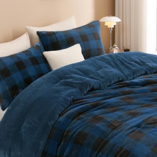 Litanika Velvet Flannel Plaid Comforter Set King, 3 Pcs Blue Blanket