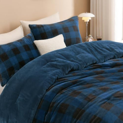 Litanika Velvet Flannel Plaid Comforter Set King, 3 Pcs Blue Blanket