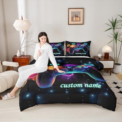 Customized Game Consoles Boys Full Size Bedding Set Gamer Gifts,Personalized Gaming Comforter Sets for Boys Space Glow Geometric Kids Comforter Sets Red Green Blue Teal,Gaming Room Decor