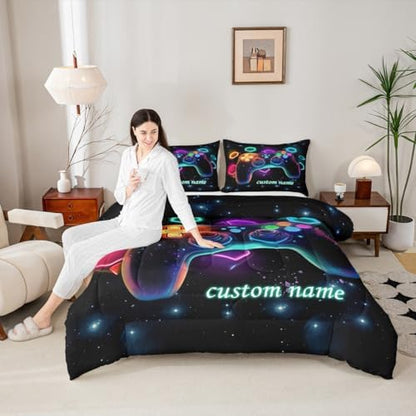 Customized Game Consoles Boys Full Size Bedding Set Gamer Gifts,Personalized Gaming Comforter Sets for Boys Space Glow Geometric Kids Comforter Sets Red Green Blue Teal,Gaming Room Decor