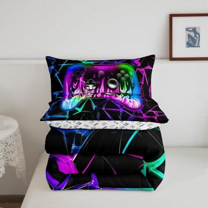 Castle Fairy Kids Gaming Bed Comforter Set Queen Size,Geometric Honeycomb Gamepad Super Soft Microfiber Bedding Set for Adults Teens,Modern Video Games Comforter Set,2 Pillowcases