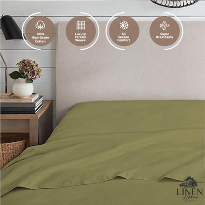 Linen Home King Size Fitted Sheet Only 100% Cotton Percale, Oil Green