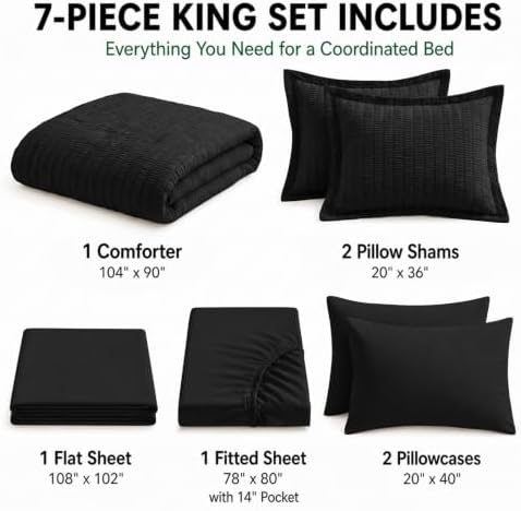 HIMEET King Comforter Set, 7-Piece Seersucker Bed in a Bag, Black