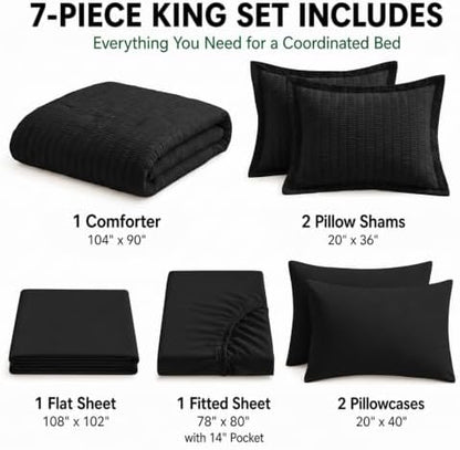 HIMEET King Comforter Set, 7-Piece Seersucker Bed in a Bag, Black