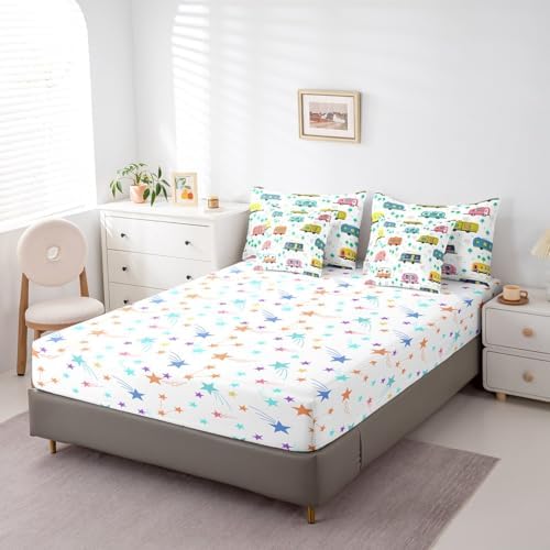 Erosebridal Cartoon RV Comforter Set King Size,Happy Camping Bedding Set for Kids Teens,Kids Doodle Trees (Comforter+Fitted+Flat Sheet+2 Pillowcases+2 Throw Pillow Covers) 7 Pieces Bed Set
