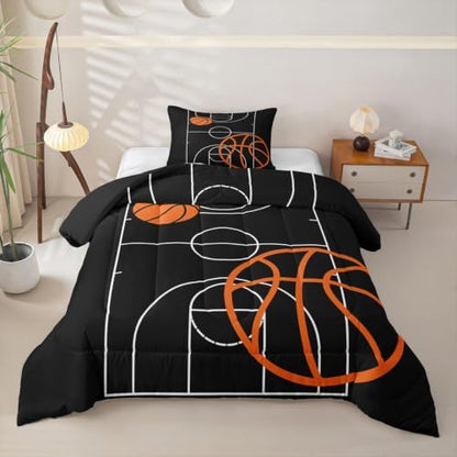 Homewish Basketball Comforter Set Sports Theme Bedding Set for Kids Girls Women Adults Basketball Court Comforter Black and Orange Quilted Duvet Set Bedroom Collection Twin Size 2Pcs