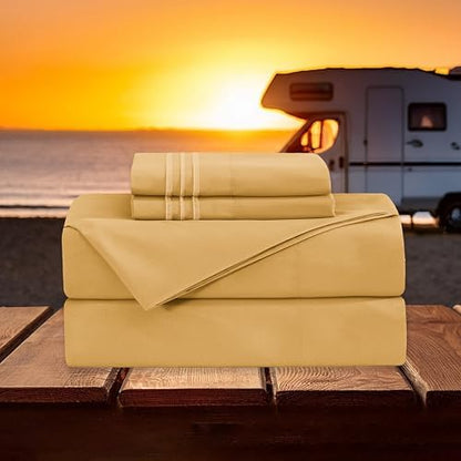 Elegant Comfort Luxury 4-Piece Bed Sheet Set - Luxury Bedding 1500 Premium Hotel Quality Microfiber, Wrinkle Resistant Cool and Breathable, Easy Elastic Fitted, RV Short Queen, Camel-Gold
