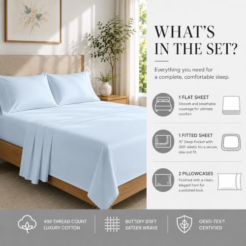 Queen Size Sheets, 400 Thread Count Luxury Cotton Queen Sheets - Light Blue